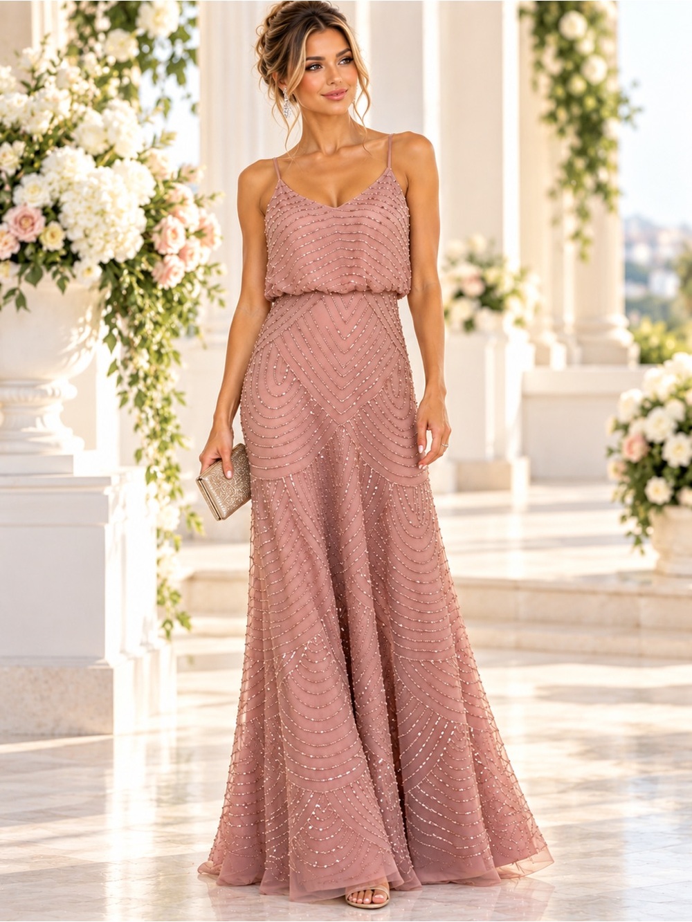Adrianna Papell Size 4 Blush Pink Beaded Sequin Formal Evening Gown